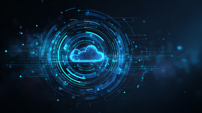 Futuristic cloud computing concept showcasing digital connections and data flow in a vibrant blue color scheme.
