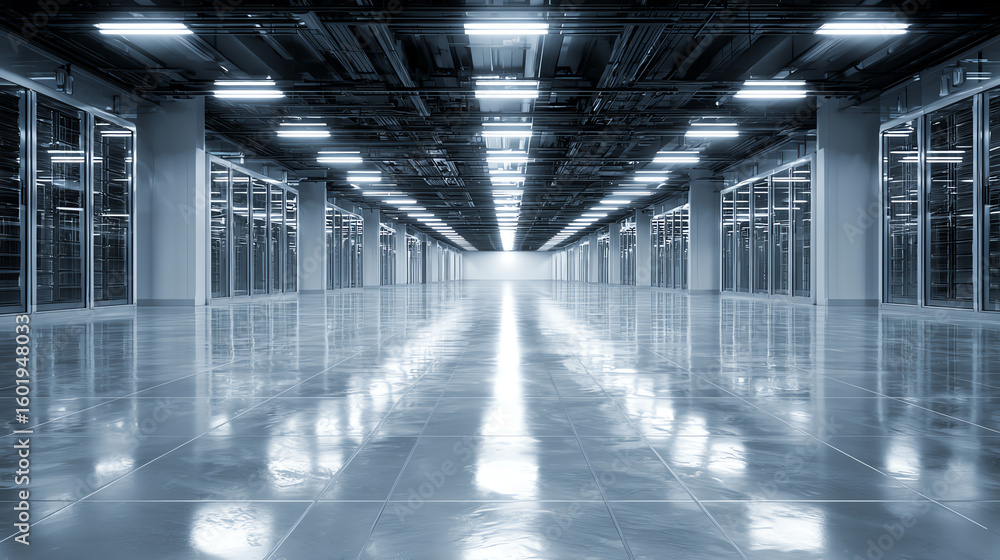 Poster modern data center with sleek design, illuminated by overhead lights, showcasing rows of servers in 