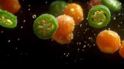 Sliced Green Chili Peppers and Orange Cherry Tomatoes Floating Underwater With Bubbles Against a Dark Background - Powered by Adobe