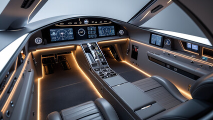 Airplane interior cockpit jet dashboard luxury aviation design futuristic technology flight deck control panel
