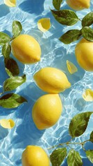 Fresh lemons floating in water with flower petals on light blue background, sunlight reflections and citrus slices, bright natural lighting detailed composition lifestyle concept. 