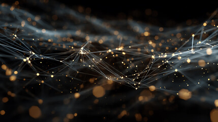 Intricate network of glowing particles representing digital connections and advanced technology in a visually stunning composition.