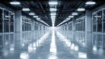 Modern data center with sleek design, illuminated by overhead lights, showcasing rows of servers in a spacious environment.