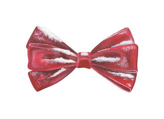 Snowy Christmas big red bow. Watercolor illustration of a holiday decor. Hand drawn vintage sketch on white isolated background. Water color painting art image