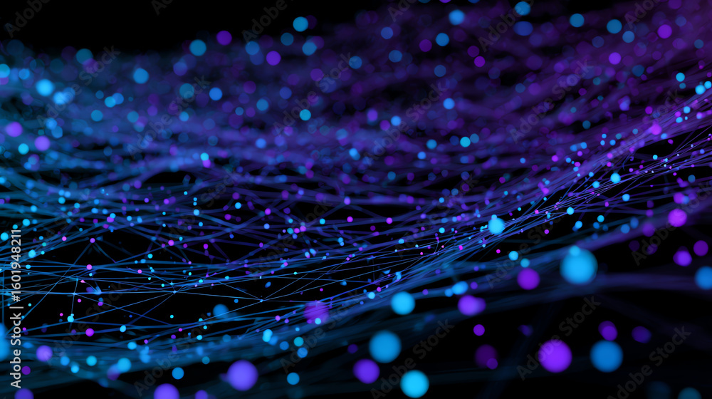 Poster vibrant digital waves of interconnected nodes and lines in shades of blue and purple, representing d