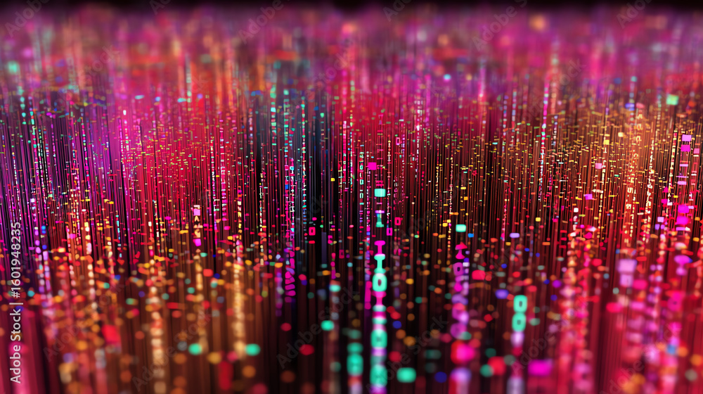 Poster vibrant display of colorful digital particles flowing in a mesmerizing pattern, representing the ene