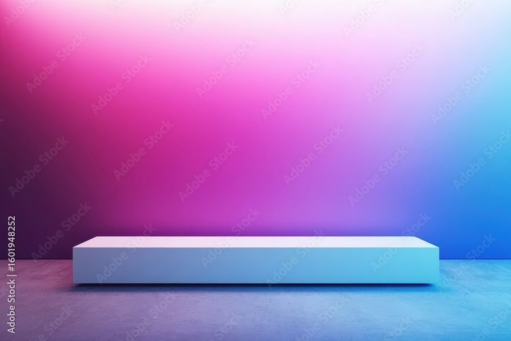 Poster empty white rectangular display podium against a vibrant gradient wall.