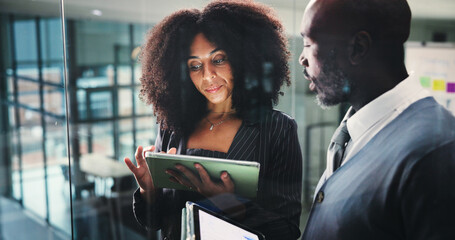 Browsing, man and woman with tablet, office or research for ad campaign on web or digital...