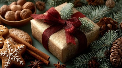 Fototapeta premium Holiday Gift Box Surrounded By Festive Decorations And Treats
