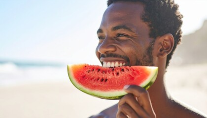 Man Enjoying Watermelon Slice on a Sunny Beach Day
