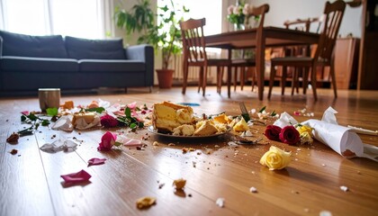 Messy Indoor Scene with Cake Crumbs and Flower Petals on Floor