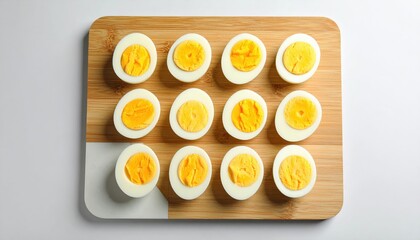 Many Halved Boiled Eggs Laid Out on a Wooden Cutting Board