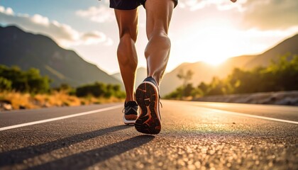 Man Running on Paved Road During Sunrise with Scenic Mountains