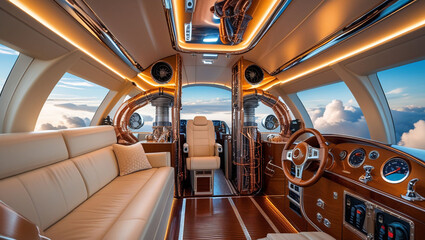 Interior luxurious steampunk airplane travel design cabin aviation sky transport vehicle clouds