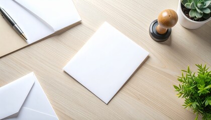 Minimalist Workspace with Blank Envelope, Stamp, and Green Plant