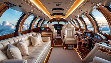 Luxury private jet interior aviation travel design airplane cockpit cabin travel transportation sky view