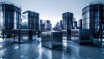 Modern Industrial Facility with Metallic Storage Tanks and Cubes