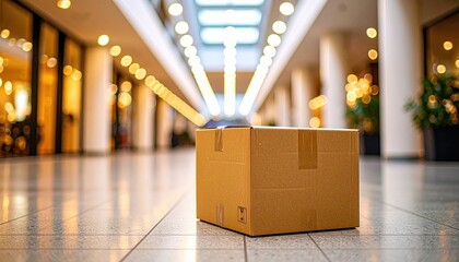 Ready for Delivery: Cardboard Box in Modern Shopping Mall Setting