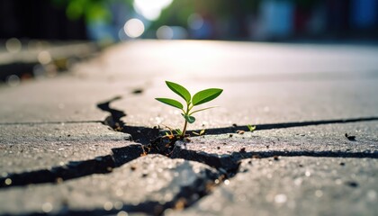Resilient Plant Breaking Through Crack in Concrete Sidewalk