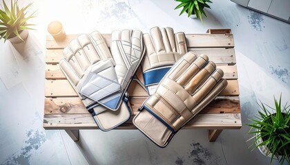 Stylish Cricket Gloves on Wooden Table Surrounded by Green Plants