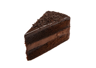 Indulge in a decadent slice of rich chocolate cake layered with smooth ganache and topped with crunchy chocolate shavings for a truly irresistible dessert experience.