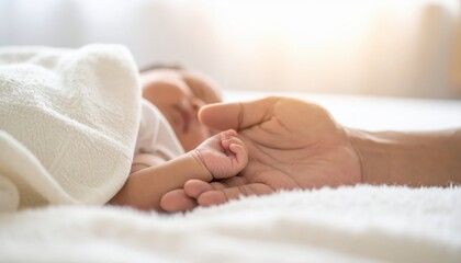 Tender Moment Between Baby and Parent Holding Hands in Soft Light