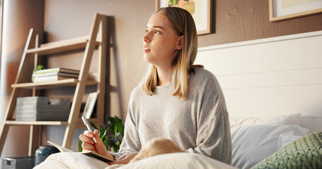 Home, thinking and woman in bedroom, notebook and decision with mental health. Apartment,...