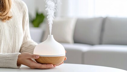 Woman Holding Modern Diffuser with Steam in Cozy Living Room