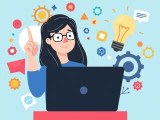 Woman with glasses working on a laptop with lightbulb and gears symbolizing ideas and innovation