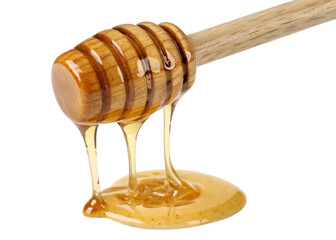 Sweet golden honey drips from a wooden dipper, creating a viscous, natural, and delicious flow perfect for food advertising and healthy lifestyle promotion.