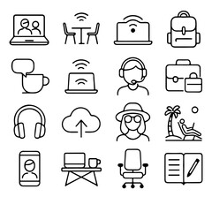A collection of simple line art icons representing modern digital lifestyle, ideal for conveying concepts of connectivity and remote work in clean, minimalist style.