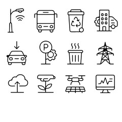 A meticulously crafted collection of urban and technological icons, presented in a crisp, clean, illustrative style. They are thoughtfully designed to represent modern living, transport, industry.