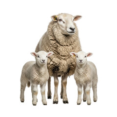 Obraz premium A ewe with her two young lambs standing side by side. This image captures the bond within a sheep family, ideal for agricultural or animal related themes.