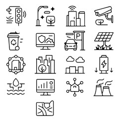 A collection of vector icons illustrates elements of modern smart city. The images are clean lines, suggesting technological efficiency and interconnectedness.