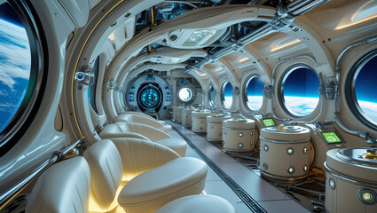 Spaceship interior space station futuristic travel luxury design earth view technology cabin spaceflight