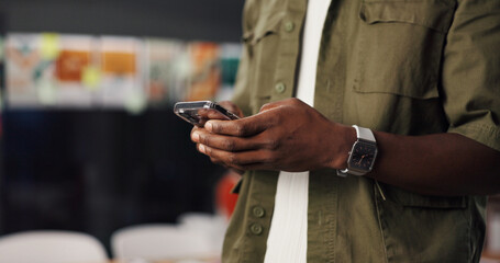 Office, employee and hands with phone, social media or texting with contact on app or...
