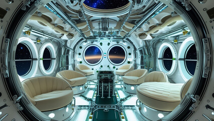 Spaceship interior space station futuristic design lounge pod space travel exploration technology concept