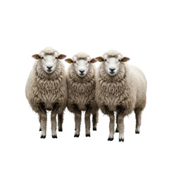Obraz premium Three domestic sheep with thick woolly coats stand together, looking curiously at the viewer. Ideal for agricultural, animal, or farm related themes.