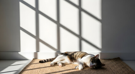 A domestic tabby cat enjoying a peaceful nap on a floor rug, basking in the warm afternoon sun creating a window shadow pattern on the wall.