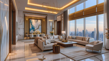 Luxury apartment interior design living room modern home decor architecture cityscape view real estate