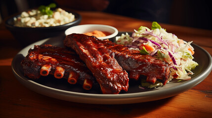 Fototapeta premium In junk food Sweet and tangy BBQ ribs with creamy sauce and salad .