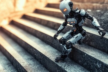 Mechanical figure sits on stone steps.