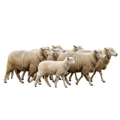 Fototapeta premium A group of adult sheep and a young lamb walk across the frame, portraying farm animals in motion. This image is suitable for agricultural or nature related projects.