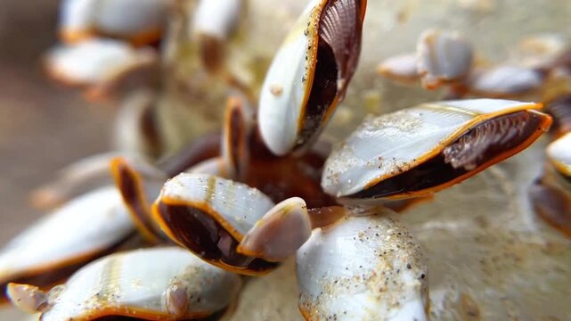 A colony of Lepas anatifera barnacles on a floating bottle on the shore. Shells and mobile filtering limbs are visible.