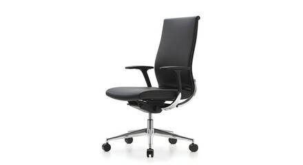 Modern black leather executive office chair with armrests and a chrome swivel base. Ergonomic furniture for a contemporary workspace, isolated on a white background.