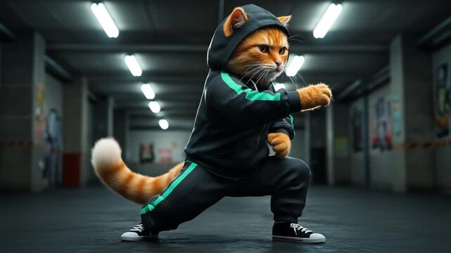 A cool ginger cat in a black and green tracksuit practices a martial arts stance in an urban underground garage.
