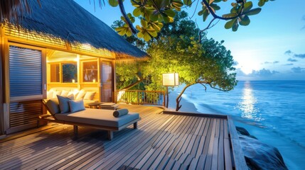A serene beachside deck with a wooden deck, a lounge chair, and a lantern, overlooking the ocean at sunset.