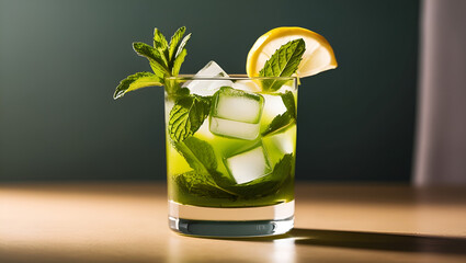 Green mojito cocktail in a transparent glass with mint leaves and lemon slices on a moody dark background