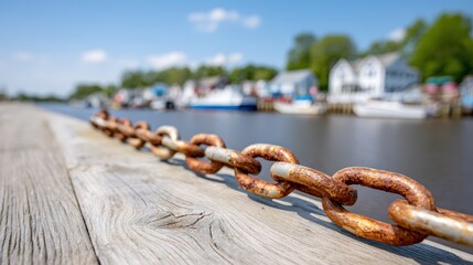 Naklejka premium Rusty Chain Over Wooden Dock by Calm River in Beautiful Landscape