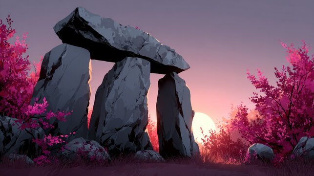 Ancient stone monoliths stand amidst vibrant magenta foliage during a tranquil sunset